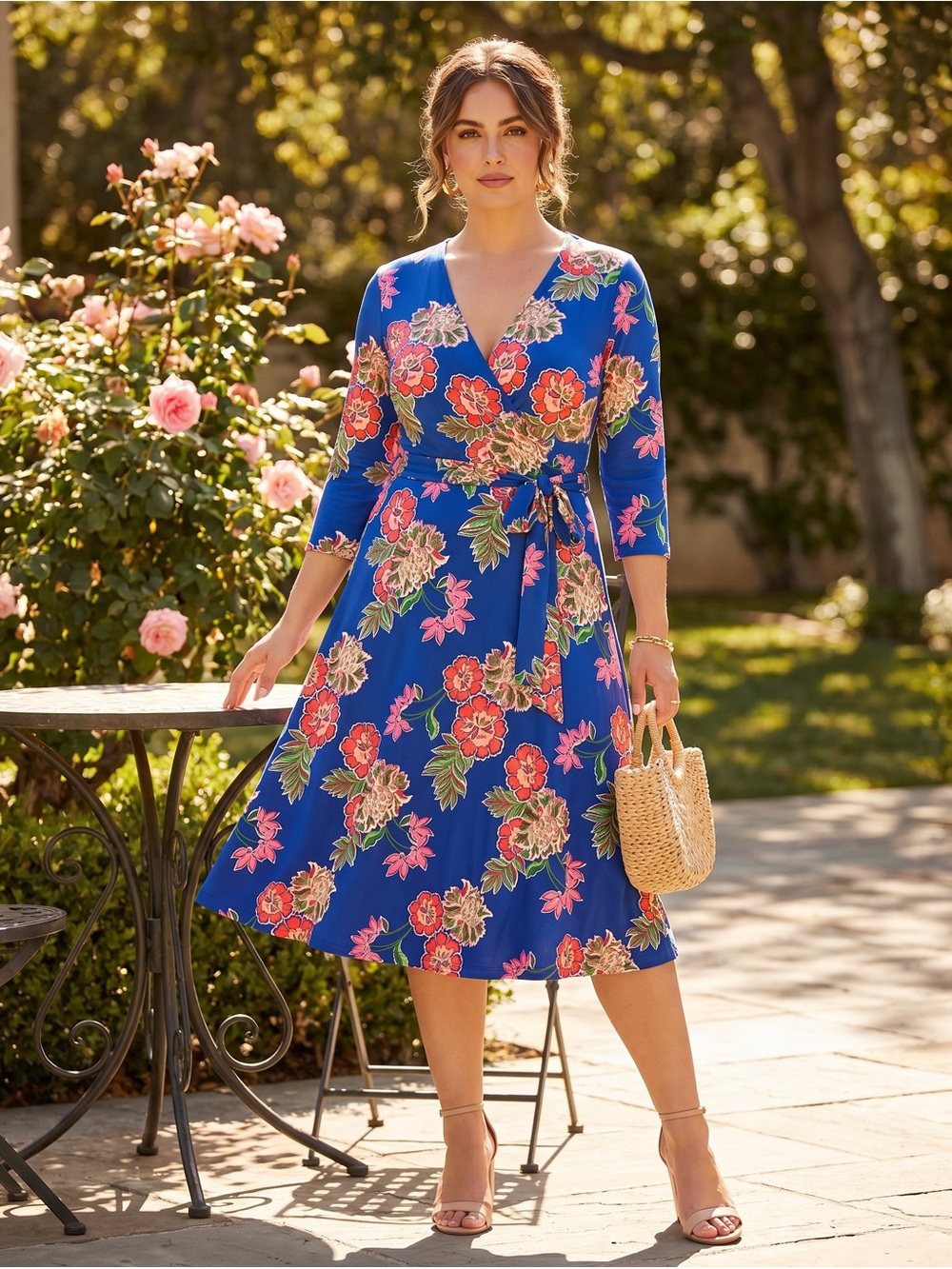 NWOT LEOTA The Perfect Wrap midi dress blue colorful floral women’s size small - Picture 1 of 9